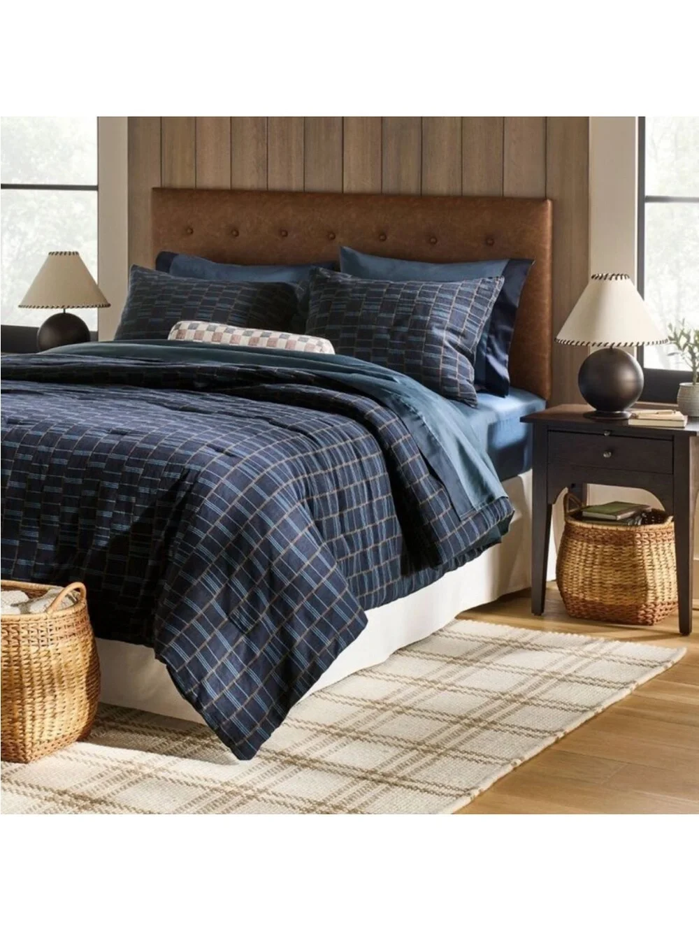 2pc Twin/Twin Extra Long Woven Grid Comforter Set Navy Blue - Threshold